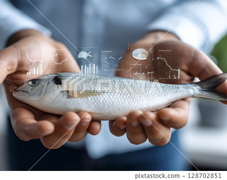 海鮮銷售圖表和漁民展示魚的圖片 128702851