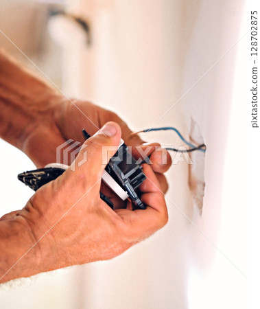 Mechanical man hand working fix electric drill motor roter fix repair shop Mechanical man hand working fix electric drill motor roter fix repair shop 128702875