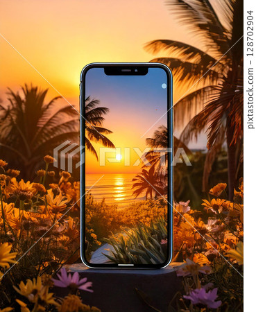 A smartphone with sunrise from behind, palm trees and wildflowers. AI Generated. 128702904
