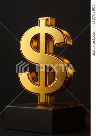A shiny gold dollar symbol standing upright symbolizes wealth and prosperity A shiny gold dollar symbol standing upright symbolizes wealth and prosperity 128702909