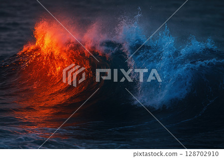 Raging Composite Wave Fusing Molten Lava and Azure Sea Crest in High-Contrast Energy Collision 128702910