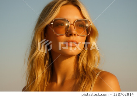 Sun-Kissed Blonde Fashionista Wearing Oversized Square Sunglasses Radiating Summer Glamour 128702914