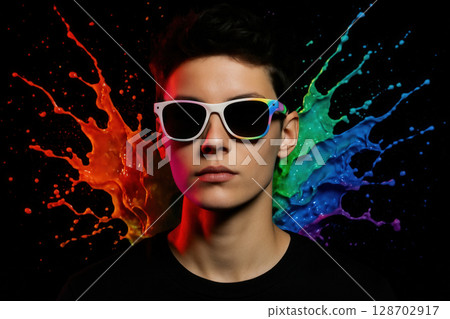 Urban Youth with Vibrant Chromatic Paint Burst Backdrop Showcasing Bold Streetwear Expression 128702917