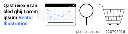 Graph with upward trendline on mobile screen, magnifying glass, shopping cart, lorem ipsum placeholder text. Ideal for business analysis, data visualization, retail, research, market study, training Graph with upward trendline on mobile screen, magnifying glass, shopping cart, lorem ipsum placeholder text. Ideal for business analysis, data visualization, retail, research, market study, training 128702926