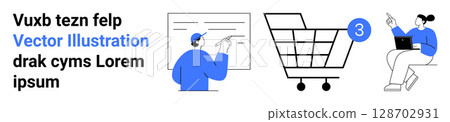Characters presenting a business report, an online shopping cart with notification, and a woman working remotely on a laptop. Ideal for e-commerce, remote work, presentations, business solutions 128702931