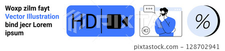 HD video icon, person thinking in chat window, percentage symbol. Ideal for web design, educational content, finance presentations, online courses, marketing materials, social media graphics, blogs 128702941
