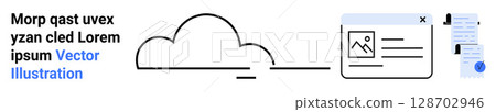 Cloud outline connecting to a file window displaying image and text documents with checkmarks and notes on the side. Ideal for tech, business, productivity, teamwork, cloud services, file sharing 128702946