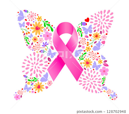 Pink ribbon with butterfly wings full of nature. 128702948
