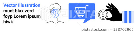 Facial recognition scan, shopping cart inside blue speech bubble, and hand holding a coin. Ideal for e-commerce, online shopping, digital transactions, technology, facial recognition, fintech 128702965