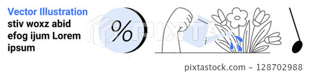 Hand using a watering can, pouring water on flowers next to a percentage symbol. Ideal for gardening tips, environment awareness, eco-friendly guides, financial growth, educational content Hand using a watering can, pouring water on flowers next to a percentage symbol. Ideal for gardening tips, environment awareness, eco-friendly guides, financial growth, educational content 128702988