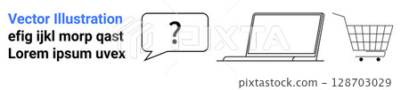 Speech bubble with a question mark, laptop, and shopping cart. E-commerce theme focused on customer support and online shopping. Ideal for retail websites, online stores, tech support, communication 128703029