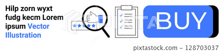 Magnifying glass over a hand giving a five-star rating, checklist with three checked boxes, and a blue BUY button. Ideal for e-commerce, online shopping, customer reviews, checklists, user interface 128703037