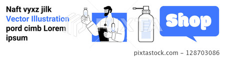Doctor holding medical equipment, with a bottle and a shop bubble, symbolizing online healthcare consultation and supplies. Ideal for telemedicine, e-commerce, healthcare, pharmacy, medical 128703086