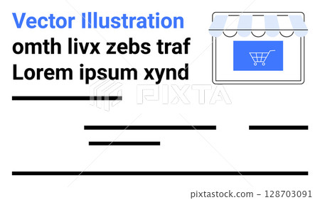 Online store graphic with shopping cart on screen, storefront awning, and placeholder text. Ideal for e-commerce, online shopping, retail business, web design, marketing, UXUI design, digital 128703091