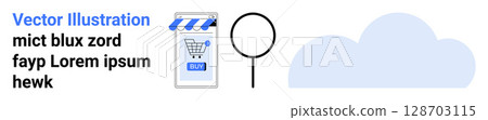 Storefront with shopping cart, magnifying glass, and cloud. Ideal for e-commerce, online shopping, website design, digital marketing, search optimization, cloud services, retail solutions. Landing 128703115
