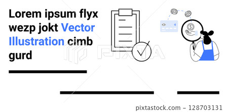 Character examining financial data, clipboard with checklist, magnifying glass over dollar symbol, text blocks. Ideal for financial reports, business analytics, data analysis, presentations Character examining financial data, clipboard with checklist, magnifying glass over dollar symbol, text blocks. Ideal for financial reports, business analytics, data analysis, presentations 128703131