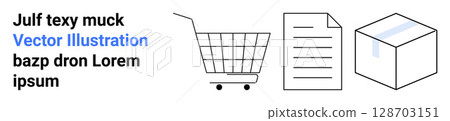 Shopping cart, document, and sealed box symbolizing online shopping, document management, and logistics. Ideal for e-commerce, retail, logistics, documentation, delivery services, inventory 128703151