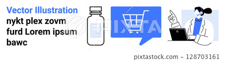 Bottle of medicine, shopping cart in a speech bubble, person with laptop. Ideal for online pharmacy, e-commerce, health consultation, telemedicine, digital prescriptions, healthcare service, customer 128703161
