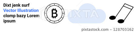 Sample text with a cryptocurrency coin, cloud, and musical note icons. Ideal for technology, digital services, cryptocurrency, cloud computing, music streaming, fintech, and storage application 128703162