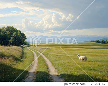 A Single Sheep on a Large Grass Field. eco farm concept. Concept of nature and environment. AI Generated. 128703167