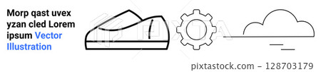 Vector drawing of a shoe, gear, cloud, and placeholder text element. Ideal for technology, cloud computing, automation, e-commerce, branding, website, and innovative design. Landing page 128703179