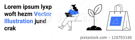Woman sitting with laptop, potted plant sprout, and shopping bag with blue design. Ideal for online learning, e-commerce, growth, sustainability, technology, shopping, and digital lifestyle. Landing Woman sitting with laptop, potted plant sprout, and shopping bag with blue design. Ideal for online learning, e-commerce, growth, sustainability, technology, shopping, and digital lifestyle. Landing 128703180