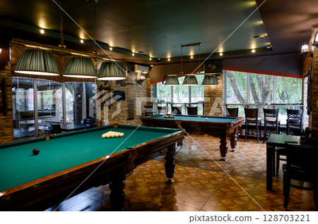 Billiard Table with balls and cue Billiard Table with balls and cue 128703221