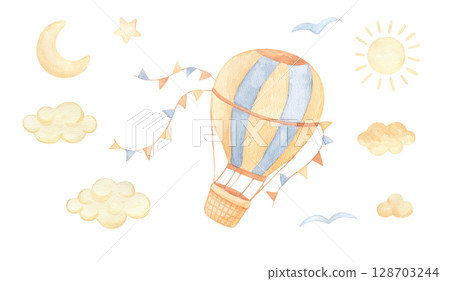 Watercolor hot air balloon with flags garland in sky. Hand drawn isolated illustration for children. Cute drawings set, clouds, sun, moon and bird 128703244