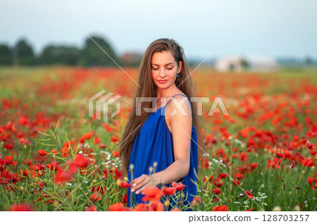portrait of elegant young woman in poppy field in evening sunlight portrait of elegant young woman in poppy field in evening sunlight 128703257