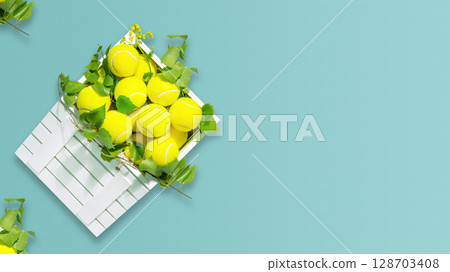 Tennis composition with tennis balls in white wooden boxes on blue background. Summer tennis competition. Concept of Healthy sport. Flat lay, copy space Tennis composition with tennis balls in white wooden boxes on blue background. Summer tennis competition. Concept of Healthy sport. Flat lay, copy space 128703408