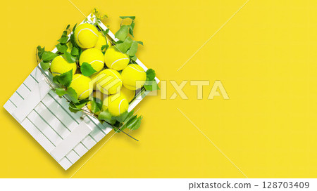 Tennis composition with tennis balls in white wooden boxes on yellow background. Summer tennis competition. Concept of Healthy sport. Flat lay, copy space 128703409