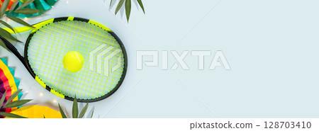 Tennis, summer banner with racket, yellow tennis ball, colorful paper fans and palm leaves on a blue background with place for text. Tennis competition. Flat lay, banner size, copy space Tennis, summer banner with racket, yellow tennis ball, colorful paper fans and palm leaves on a blue background with place for text. Tennis competition. Flat lay, banner size, copy space 128703410