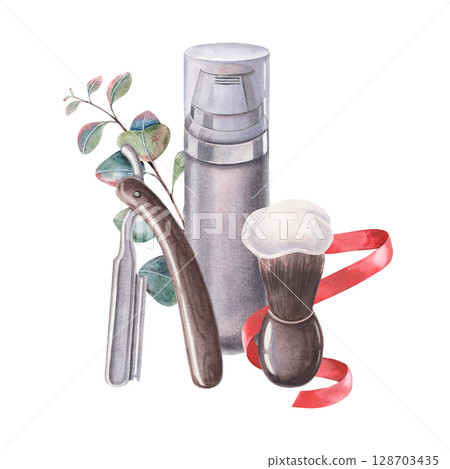 Razor, brush with foam, shaving cream vial, eucalyptus branch, and red ribbon. Hand-painted watercolor illustration of shaving set isolated on white for vintage barbershop, grooming branding, designs Razor, brush with foam, shaving cream vial, eucalyptus branch, and red ribbon. Hand-painted watercolor illustration of shaving set isolated on white for vintage barbershop, grooming branding, designs 128703435