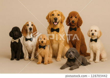 Stylish group portrait of seven dogs wearing bow ties lined up in a studio 128703442