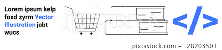 Shopping cart, stack of books, and coding symbols surrounded by text in blue and black. Ideal for education, e-learning, online shopping, technology, digital marketing, web development. Banner Shopping cart, stack of books, and coding symbols surrounded by text in blue and black. Ideal for education, e-learning, online shopping, technology, digital marketing, web development. Banner 128703501