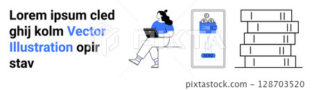 Woman with laptop and clipboard, bar chart inside mobile screen, pile of books. Ideal for business, technology, data analysis, digital communication, productivity, education, modern workspaces 128703520