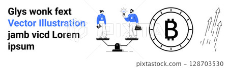 Male and female characters balancing scales, large Bitcoin symbol, upward-trending arrows, placeholder text. Ideal for finance, cryptocurrency, business strategy, growth, teamwork, investment 128703530