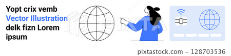 Digital globe, woman pointing at globe, interface elements. Ideal for global connectivity, technology, digital interaction, online education, web design, communication, user interface design. Banner 128703536
