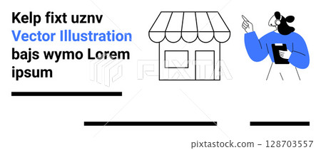 Shop with awning and a person pointing, holding a clipboard. Ideal for marketing, presentations, educational content, business materials, e-commerce sites, startups, landing pages. Landing page Shop with awning and a person pointing, holding a clipboard. Ideal for marketing, presentations, educational content, business materials, e-commerce sites, startups, landing pages. Landing page 128703557