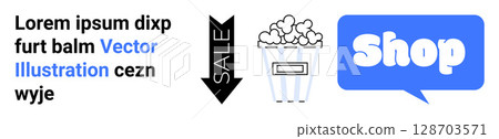 Text with sale arrow, popcorn bucket, and shop bubble icon. Ideal for advertising, online retail, marketing campaigns, e-commerce, shopping promotions. Banner for landing page 128703571