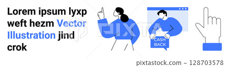 People gesturing, Lorem ipsum text, hand cursor, cash back window. Ideal for websites, marketing, promotions, digital campaigns, UIUX design, educational content, social media. Landing page 128703578