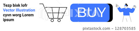 Shopping cart, large blue BUY button, customer figure pointing at button. Ideal for e-commerce, online shopping, marketing, websites, mobile apps, promotions, digital transactions. Landing page 128703585