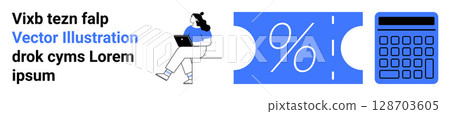 Woman with a laptop, a blue percentage discount ticket, and a calculator. Ideal for e-commerce, online shopping, digital marketing, finance, discounts, technology, and data analysis. Landing page 128703605
