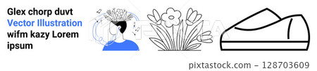 Profile of a person with flowers and abstract shapes, bouquet of flowers, minimalistic shoe. Ideal for mental wellness, nature, minimalism, casual wear, graphic design, creativity, advertising Profile of a person with flowers and abstract shapes, bouquet of flowers, minimalistic shoe. Ideal for mental wellness, nature, minimalism, casual wear, graphic design, creativity, advertising 128703609