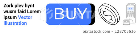 Buy button in blue rectangular shape. Coin with dollar symbol and POS machine. Ideal for e-commerce, digital payments, shopping, online transactions, business promotions, website design. Landing page 128703636
