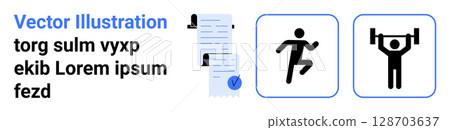 Stick figures running and weightlifting paired with documents and text. Ideal for fitness apps, training manuals, sports websites, health articles, workout posters, educational materials, and landing 128703637