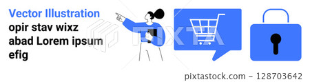 Person pointing with tablet, blue chat bubble with shopping cart, blue padlock. Ideal for e-commerce, online shopping, digital security, customer service, communication, mobile transactions, data Person pointing with tablet, blue chat bubble with shopping cart, blue padlock. Ideal for e-commerce, online shopping, digital security, customer service, communication, mobile transactions, data 128703642