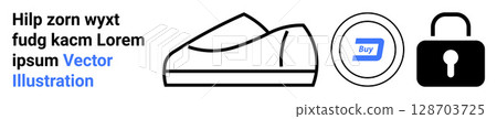 Shoe outline, buy button with text, and padlock icon. Ideal for online shopping, e-commerce, cybersecurity, retail, footwear, digital payments, user interface. Landing page 128703725