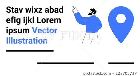 Businessman points at blue location pin next to placeholder text. Ideal for navigation websites, business presentations, marketing materials, travel blogs, educational content, maps, and mobile UI 128703737