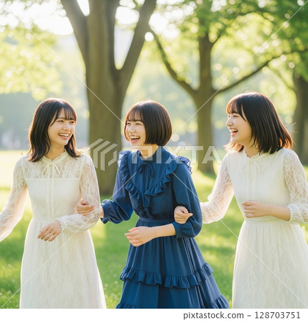 Idol group singing in a rose garden, live performance with smiles and sparkling smiles, wearing pure white lace costumes 128703751